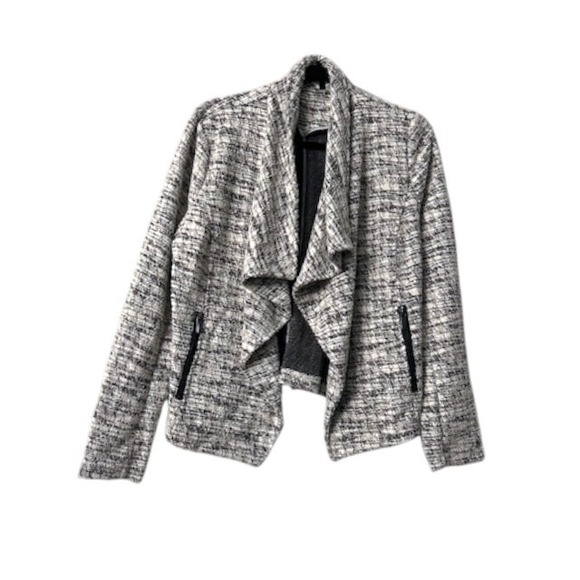 Chico's Size M Heathered Black and White Waterfall Jacket Textured Knit Academia - Picture 10 of 13